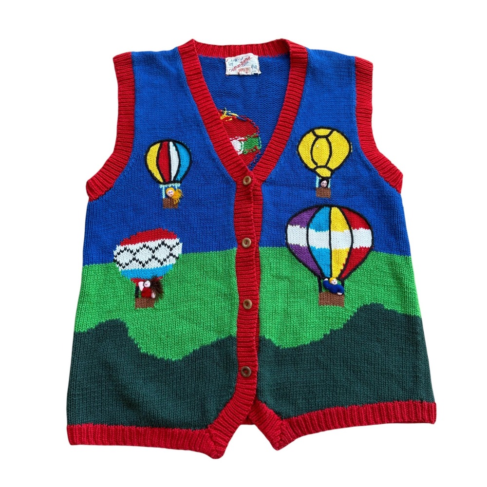 Cotton Salsa Vintage Hand Knit Hot Air Balloon‎ Sweater Vest Blue Red Green L